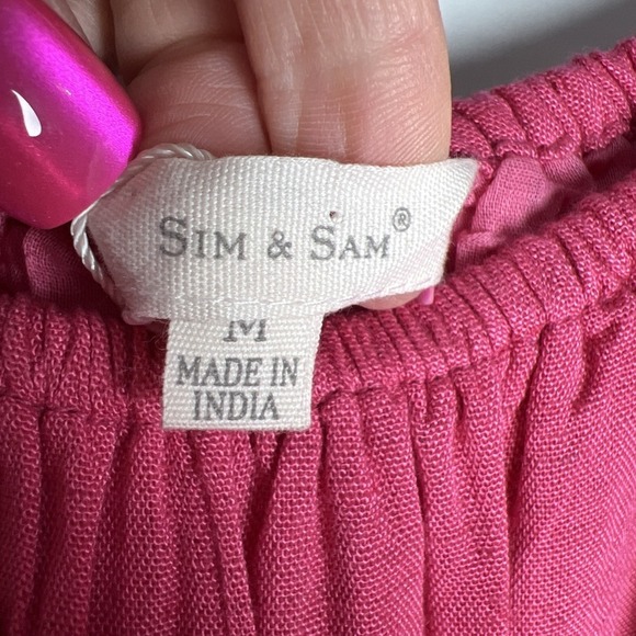 Sim & Sam Linen Blend Puff Sleeve Mini Dress Sundress Size Medium Hot Pink NWT - Picture 2 of 11